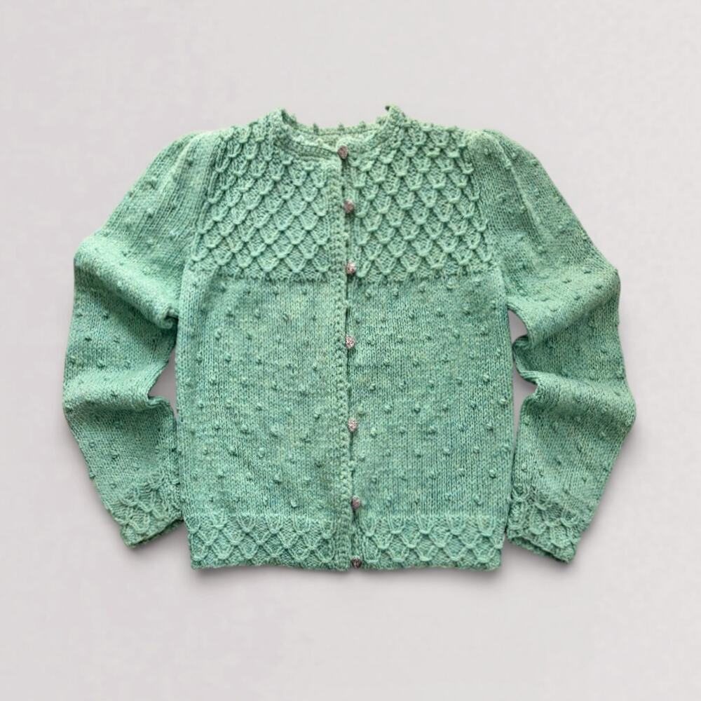 Hand-Knit Wool Mermaidcore Cardigan Sweater Sage Crop Scalloped Yoke Popcorn